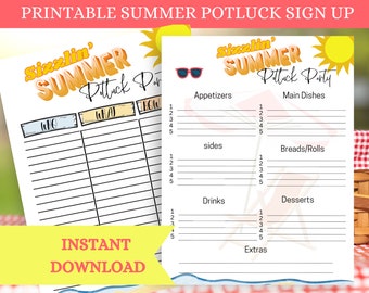 Printable Potluck Sign Up Sheet Summer Potluck Sheet Summer Party Potluck Summer Picnic Potluck Party