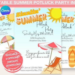 Peut inclure: Modèle d'invitation éditable pour une fête de potluck d'été avec trois designs différents. Chaque design présente un thème de plage avec un soleil, des chaises de plage et un parasol. Le texte sur les invitations indique "Sizzlin' Summer Potluck Party" et comprend la date, l'heure et le lieu de la fête. Les invitations comprennent également le texte "Apportez votre plat préféré et partageons un repas !" et un contact pour RSVP.