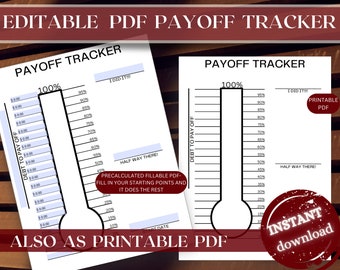Debt Payoff Thermometer Tracker Printable or Payoff Tracker Editable PDF with Calculations Done For You, Debt Repayment Thermometer