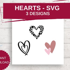 May include: Three different heart designs in black and pink. The first heart is made up of smaller hearts. The second heart is a simple outline. The third heart is a double heart with a smaller heart inside a larger heart.