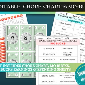 Editable Kids Reward System, Mom Bucks Chore Motivation, Printable Chore Reward kit, Chore Chart For Kids