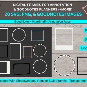 Puede incluir: Un conjunto de 20 marcos digitales para anotación y planificación. Los marcos son de varias formas, incluyendo cuadrados, círculos y octógonos. Están disponibles en formatos SVG, PNG y GoodNotes. Los marcos están precortados con estilos sombreados y regulares y tienen centros transparentes.