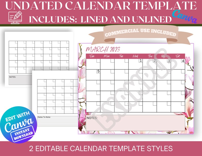 Editable Calendar Templates Commercial Calendar Undated - Etsy