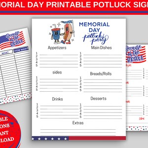 Memory Potluck Memorial Day Potluck Sign up Sheet Food Sign up Sheet Printable Potluck ...