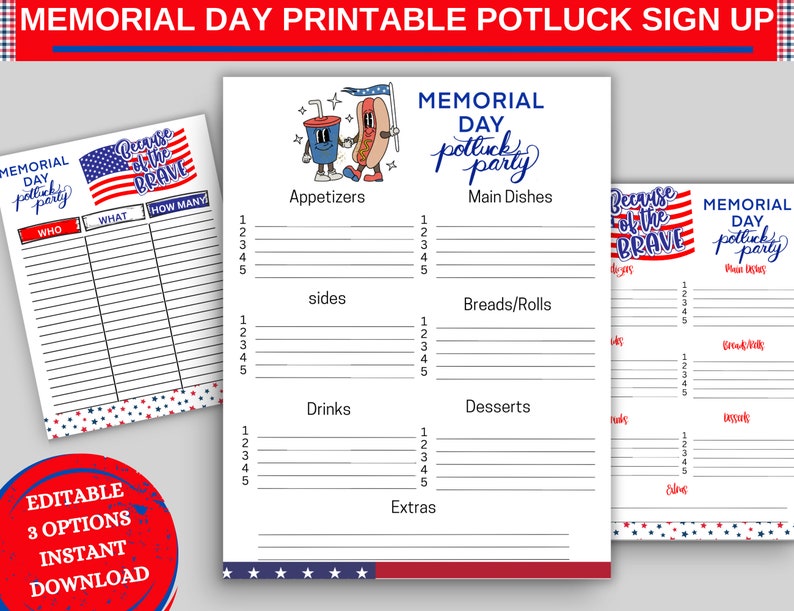 Memorial Day Potluck Sign up Sheet Food Sign up Sheet Printable Potluck