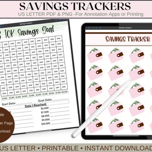 May include: Printable digital planner page with a savings tracker grid for a $10,000 savings goal. The grid is divided into $100 increments. The page also includes a section for tracking goal dates and dates reached. The second image shows a digital tablet with a pink wallet icon repeated on a white background.