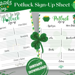 Printable St.Patricks Day Holiday Potluck Sign Up Sheet | Holiday Party Potluck | Family Party Potluck Sign Up Sheet | St Paddys Potluck
