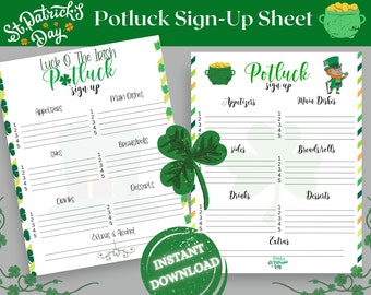 Printable St.Patricks Day Holiday Potluck Sign Up Sheet | Holiday Party Potluck | Family Party Potluck Sign Up Sheet | St Paddys Potluck