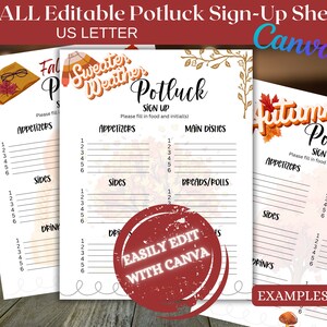 Puede incluir: Hoja de registro para un potluck de otoño imprimible. La hoja tiene un tema otoñal con hojas, calabazas y el texto "Potluck Clima de Suéter" y "Potluck de Otoño".