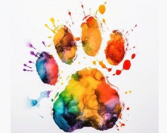 May include: A colorful paw print painted in shades of red, orange, yellow, green, blue, and purple. The paw print is on a white background.
