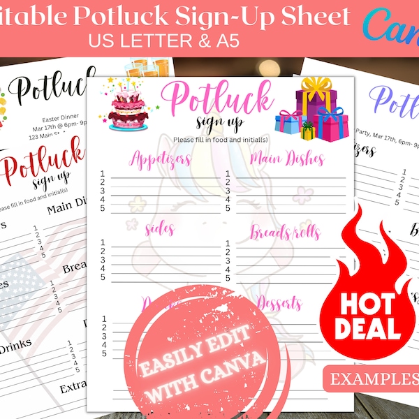 Bearbeitbare Potluck Sign up Sheets mit Canva | Bearbeiten Sie diese Blätter ganz einfach für Geburtstage, Feiertage, Versammlungen und Partys | Party Potluck Bogen