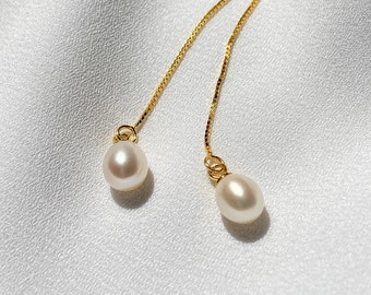 Cordelia | 14K Gold Pearl Dangle Threader Earrings, Minimalist Threader, Adjustable Dainty Dangle Pearl, Pearl Ear Wire, Wedding Gift