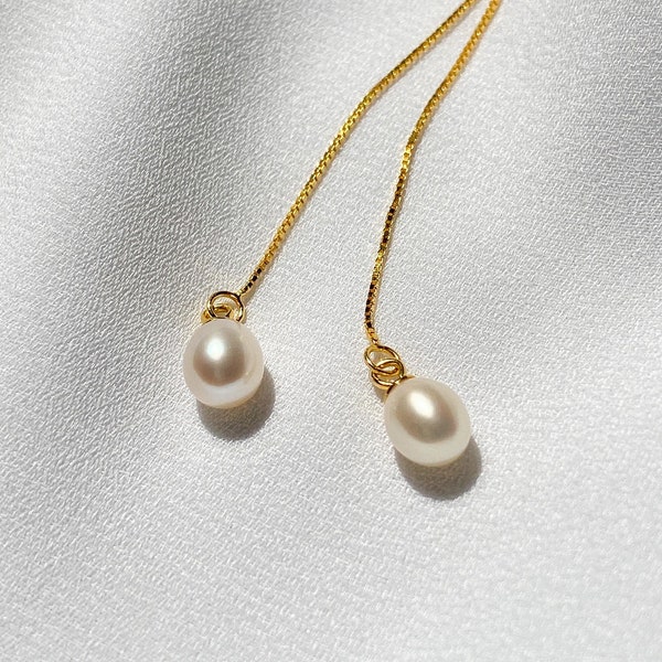 Cordelia | 14K Gold Pearl Dangle Threader Earrings, Minimalist Threader, Adjustable Dainty Dangle Pearl, Pearl Ear Wire, Wedding Gift