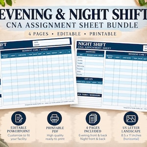 May include: A four-page CNA assignment sheet bundle for evening and night shifts. The printable, editable documents feature blue and white grids for tracking resident care, vitals, showers, and quick tasks, formatted for 8.5 x 11 inch US letter paper.