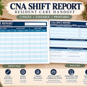 May include: A two-page CNA shift report resident care handoff template in US letter landscape format. The front page features a grid for resident names, rooms, and shift notes. The back page includes sections for important information, follow-up tasks, and shift change signatures.