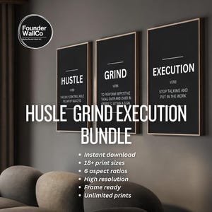 Hustle Grind Execution Wall Art Bundle, Motivational Office Print Set, Entrepreneur Decor, Business Mindset Quote Prints, Digital Download
