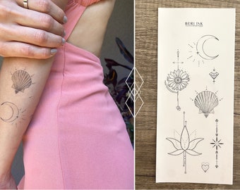 Geometric Ornamental Love 7 Fine Line Temporary Tattoos - Moon, Sea Shell, Ornaments, Cristal, Sunflower, Lotus, Heart