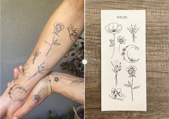Botanical Love 7 Fine Line Temporary Tattoo Moon Butterfly  Etsy Finland