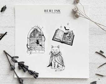 Cat Vampire, Spell Book, Witch, Window,  Halloween Temporary Tattoo