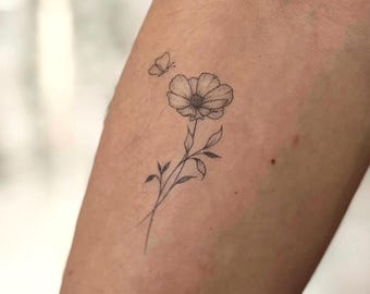 Cosmos Flower & Butterfly Temporary Tattoo (Set of 2)