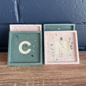 Letter Coaster. Terrazzo Coaster. Grey blue. Pink. Neutral. Grey. Personalised gift.