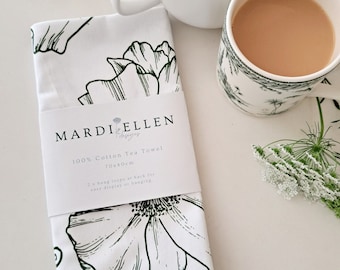 Botanical Print Tea Towel | 100% Cotton Twill | Kitchen Towel | Modern Flower Tea Towel | Mardi Ellen Designs Tea Towel | Towell