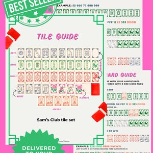 May include: A guide for a Sam's Club tile set, with card examples and colour-coded instructions. The guide includes sections for Dots, Bams, Cracks, Winds, Flowers, and Jokers, with the text "Best Seller" and "Delivered to your inbox in minutes!"