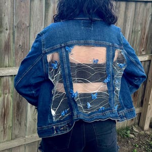 Custom Blue Denim Oversize Jacket with Sheer White Lace and 3D Blue Butterflies, Boho Unique Fashion Modern jacket for women, Gift for Her