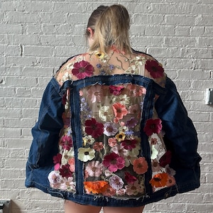 Boho Denim Jacket Blue Dark Wash with Embroidered mesh, Oversized Floral Lace Fashion Modern Jean Outfit for Women, gift for her, mom gift
