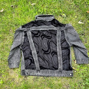 Boho Oversized Custom Denim Black Jacket with Sheer Velvet Embroidered Lace Back, Patchwork Unique Style Fashion Modern Jacket for Women