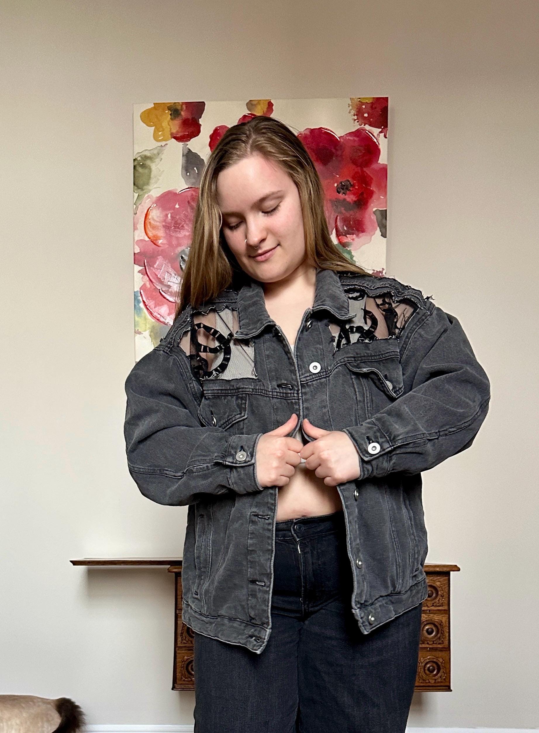 Oversized Custom Denim Black Jean Snake Jacket With Sheer Oversized Custom Denim Black Jean Snake Jacket With Sheer