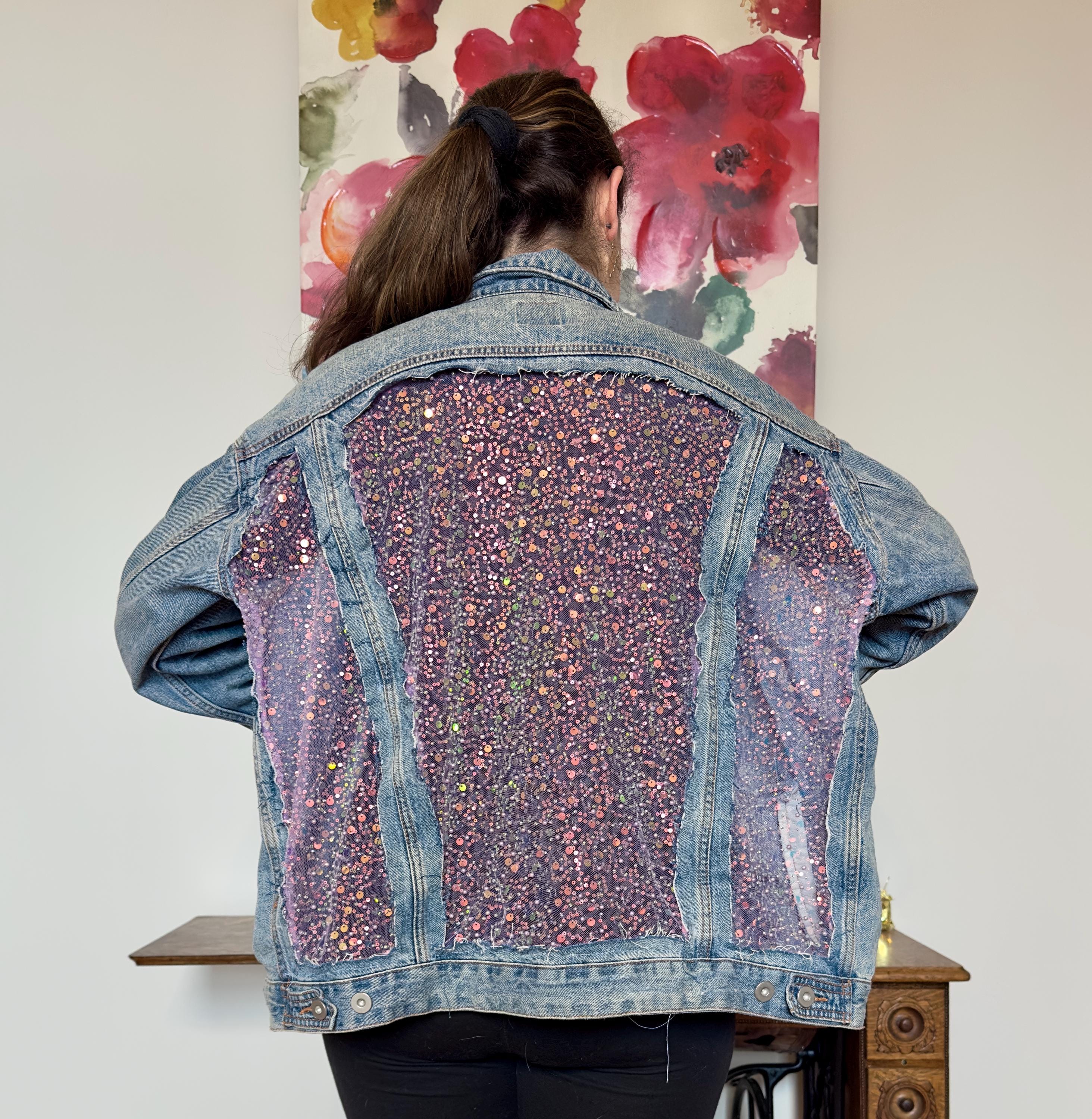 Custom Oversized Blue Denim Jean Jacket With Sheer Lace Back With