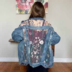 Boho Oversized Custom Denim Blue Jacket with Sheer Floral Embroidered Lace Back, Patchwork Unique Style Fashion Modern Jacket for Women