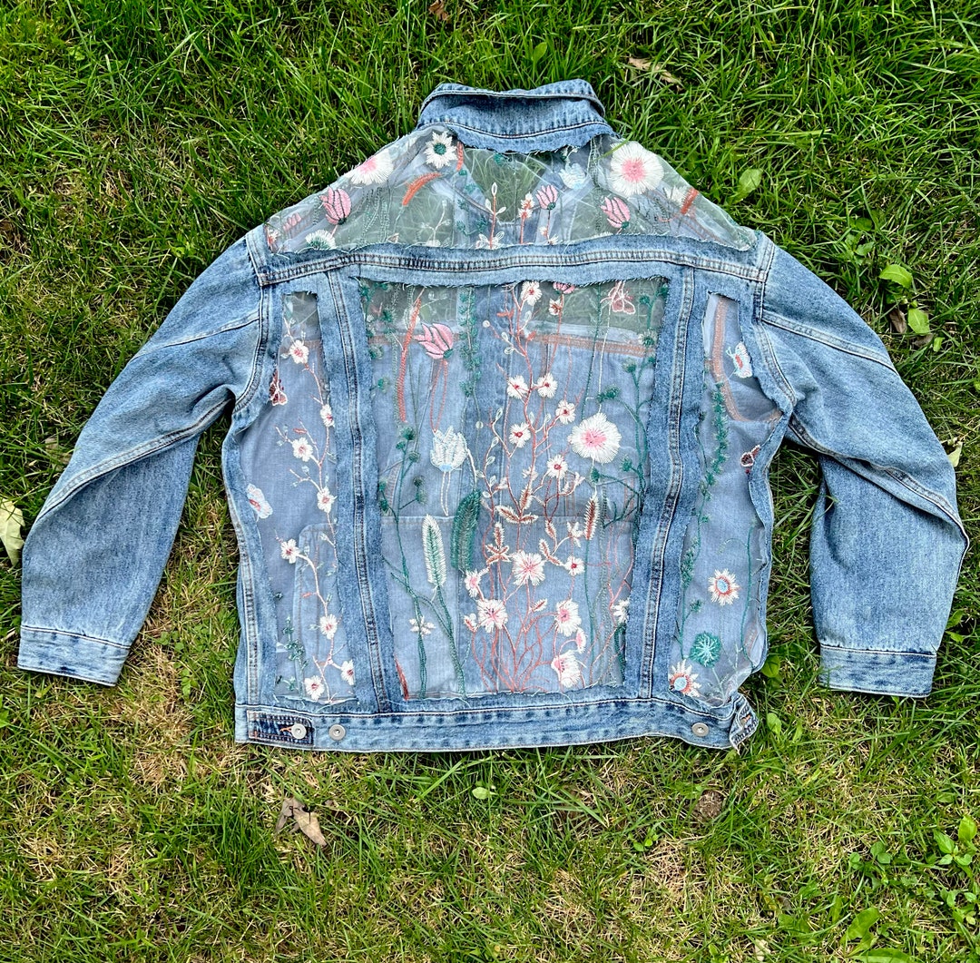 The Meet Me in the Garden Jacket Custom Embroidered Lace Denim Folklore