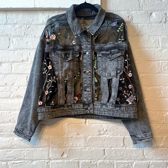 Custom Embroidered Lace Cropped Black Denim Jacket - Etsy
