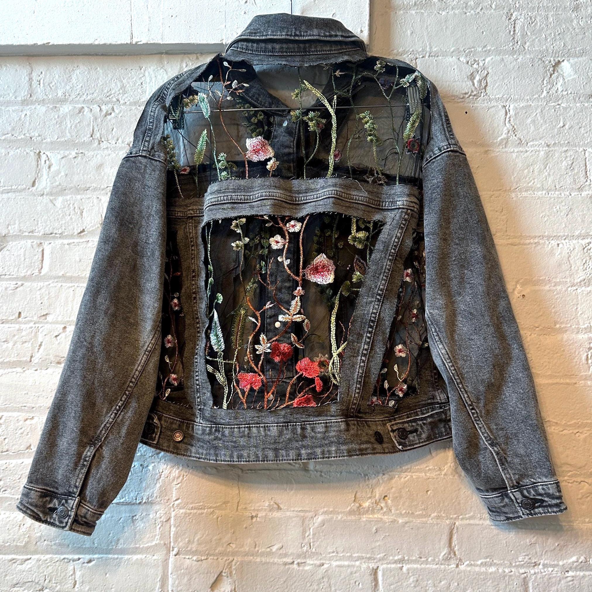 Custom Embroidered Lace Cropped Black Denim Jacket - Etsy
