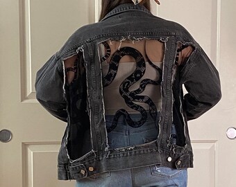 Oversized Custom Denim Black Jean Snake Jacket With Sheer Oversized Custom Denim Black Jean Snake Jacket With Sheer