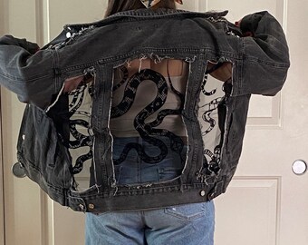 Snake Denim Jacket Sサイズ Oversized Custom Denim Black Jean Snake Jacket With Sheer
