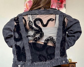 Oversized Custom Denim Black Jean Snake Jacket With Sheer Lace