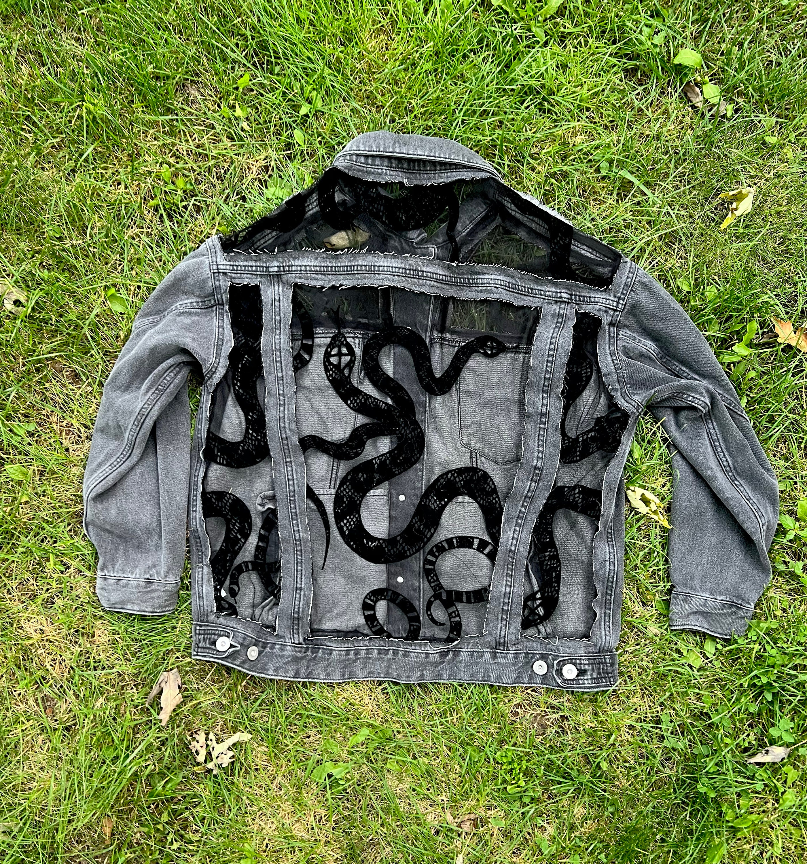 Oversized Custom Denim Black Jean Snake Jacket With Sheer Oversized Custom Denim Black Jean Snake Jacket With Sheer