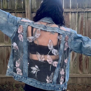 Custom Embroidered Denim Oversized Jean Jacket with Sheer Lace and Sparkly Sequin Pink and Blue Dragonflies, Boho Unique Outfit for Women
