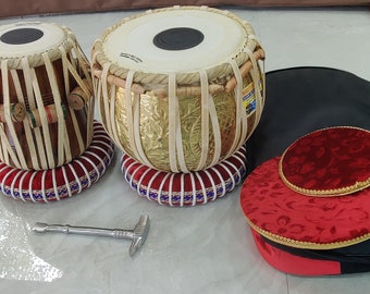 Professional Brass Pital Designer Tabla Set Shisham Wood Chati