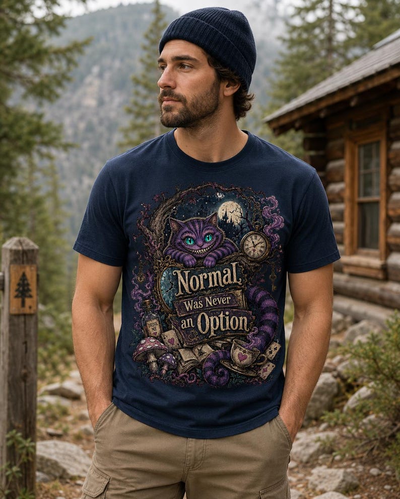 May include: A navy blue short-sleeve t-shirt featuring a graphic print of a purple cat with green eyes, a pocket watch, mushrooms, and a teacup. The text reads, "Normal Was Never an Option." The shirt is paired with a dark blue beanie and khaki pants.