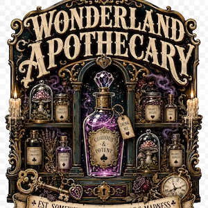 May include: An ornate illustration of a Wonderland Apothecary cabinet. It features various potion bottles, jars, and a key. The text includes "Curious & Potent" and "Drink Me". The color palette is dark with purple and gold accents. The phrase "Est. Somewhere Between Here & Madness" is also present.