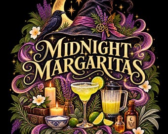 Midnight Margaritas PNG | Witchy Cocktail Shirt Design | Witch Hat Crow Moon Herbs | Halloween Sublimation Download