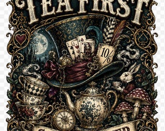 Tea First Sanity Later PNG SVG, Gothic Tea Party Design, Mad Hatter Inspired Digital Download, Dark Fantasy Shirt Graphic