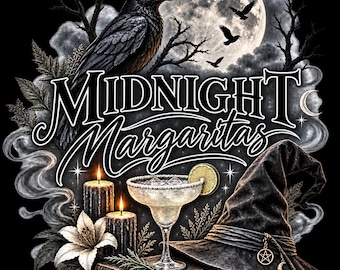 Midnight Margaritas PNG, Spooky Witch Shirt Design, Gothic Raven Moon Witch Hat, Black White Witchy Cocktail Digital Download