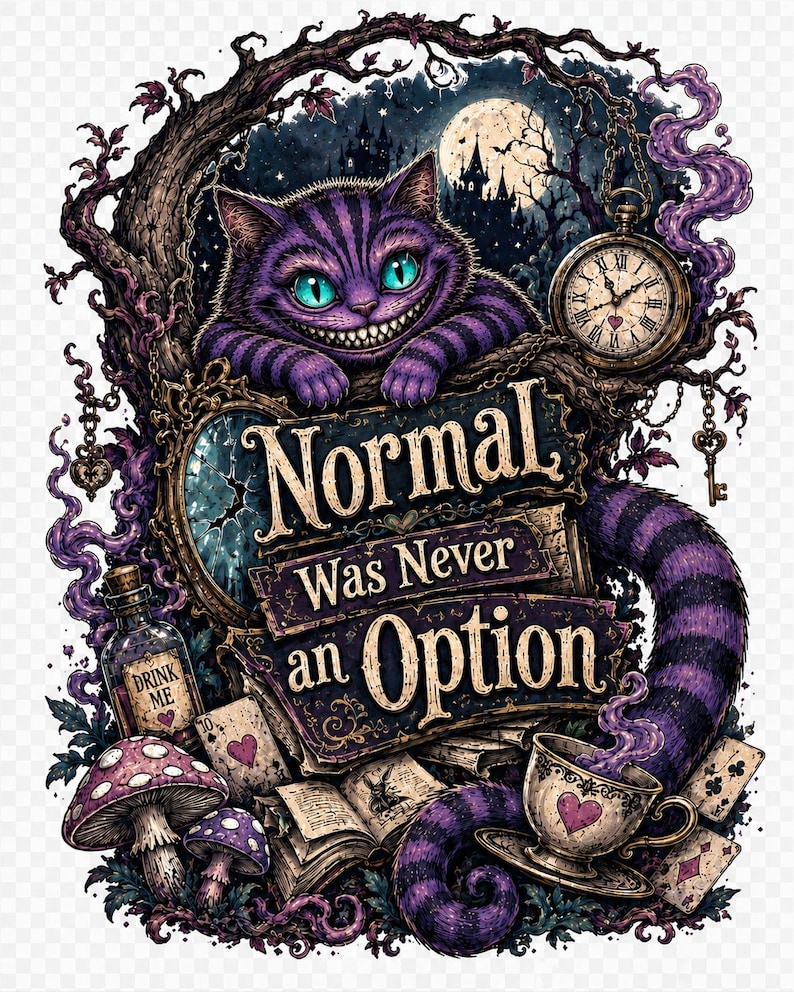 May include: A graphic illustration featuring a purple striped cat with a wide grin, a pocket watch, a bottle labeled Drink Me, mushrooms, playing cards, and an open book. The text reads Normal Was Never an Option in a decorative font style.