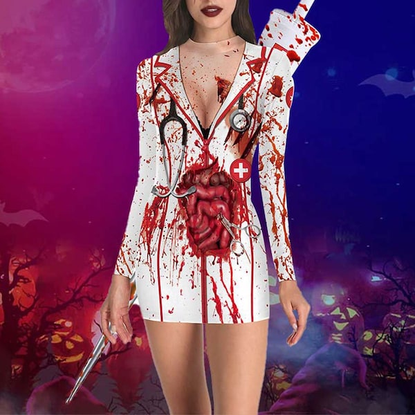 Déguisement d'Halloween Femme Déguisement d'infirmière Robe d'Halloween Déguisement de zombie