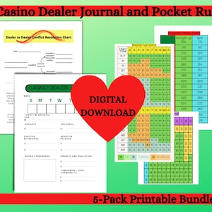May include: A digital download bundle of printable casino dealer resources. Includes a conflict resolution chart, a dealer up card, a roulette times table, and a journal. The bundle is labeled "Digital Download" in a red heart.